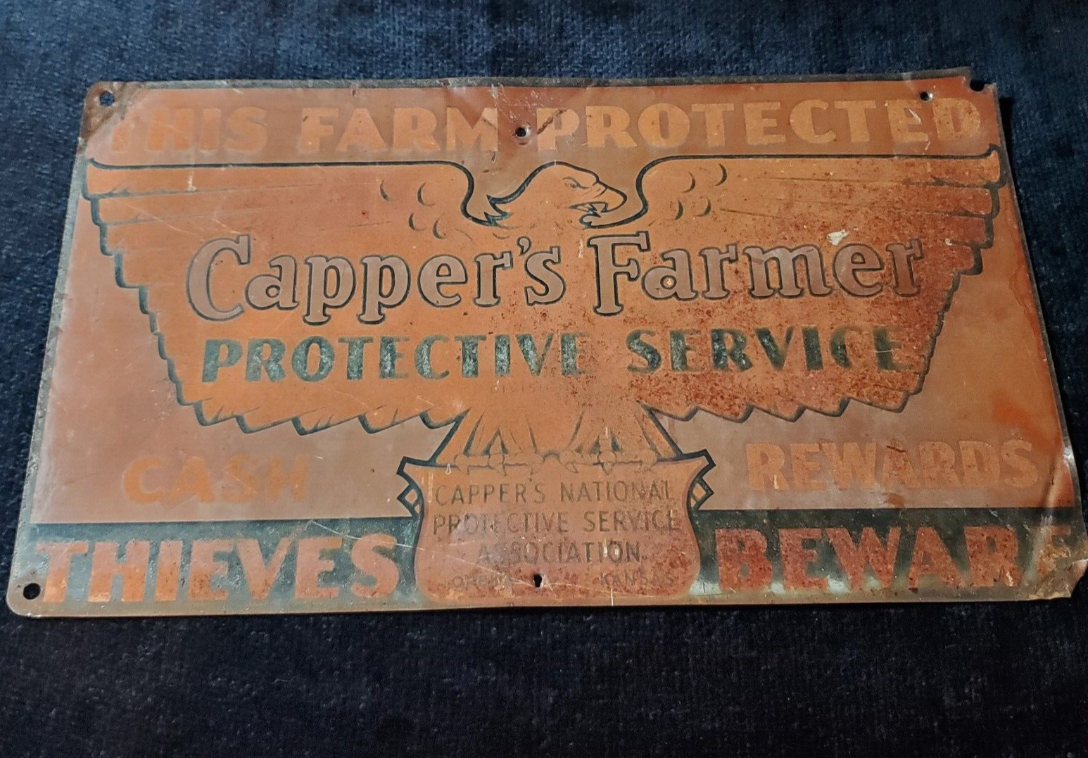 Cappers Farm Sign Vintage Metal Thieves Beware Tin Tacker Sign 8x14 Eagle Farmer