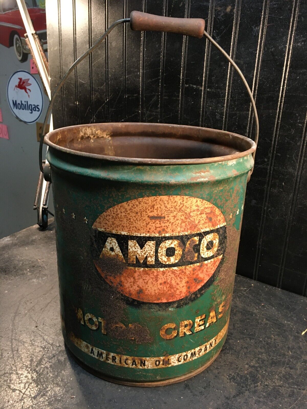Vintage 1950s Amoco Motor Grease 35lb Oil Can Empty Gas Station Sign Garage Art