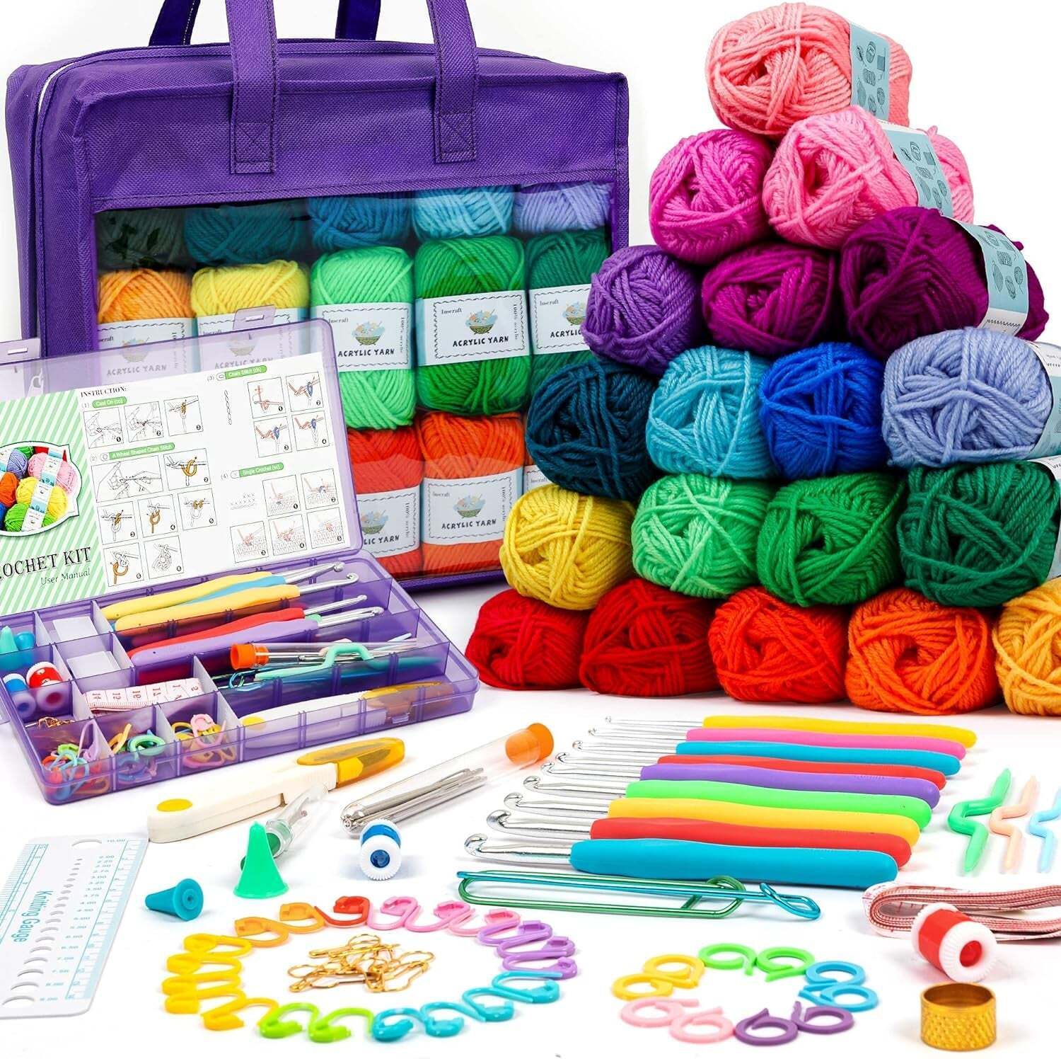 103 PCS Crochet Kit with Crochet Hooks Yarn Set, Premium Bundle Includes 1650 Ya
