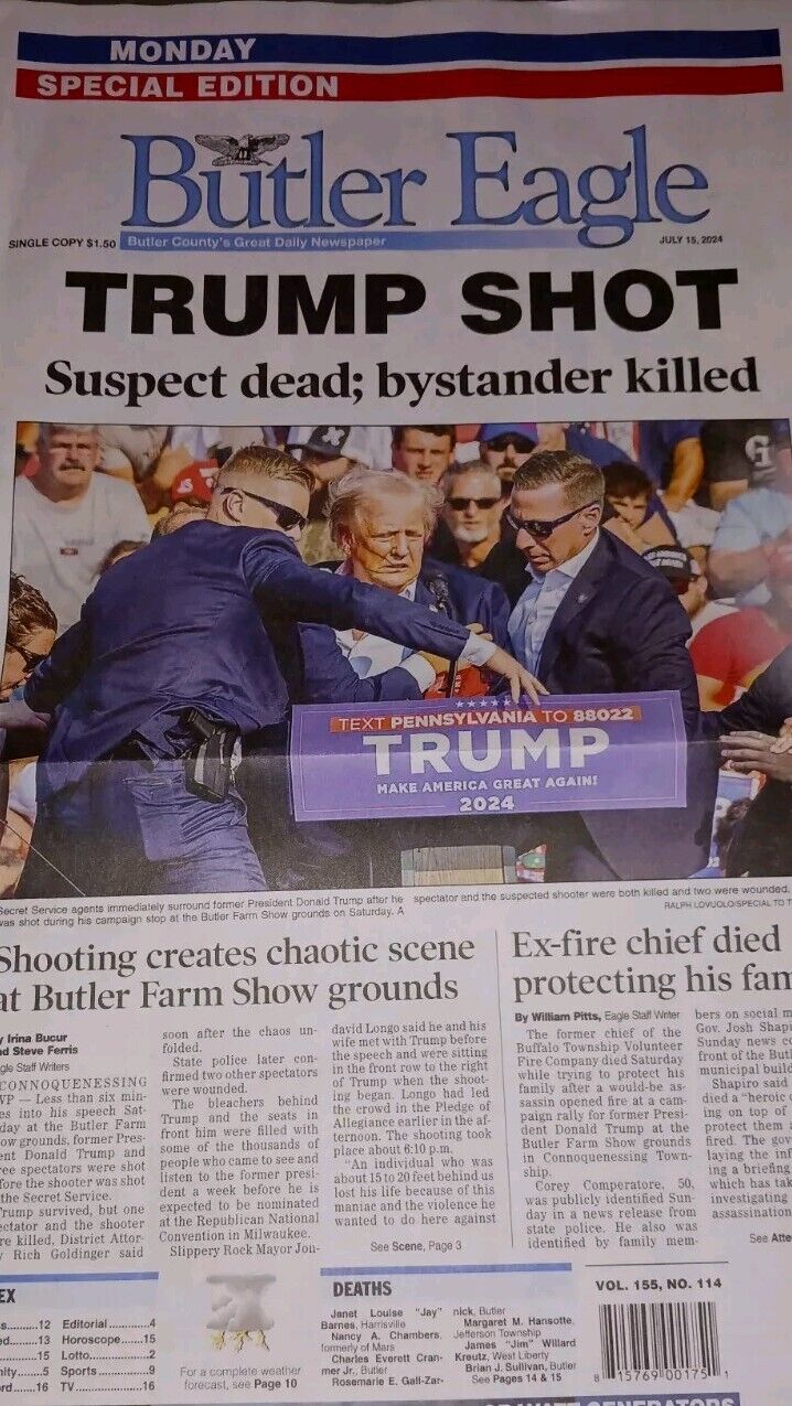 Butler Eagle Trump Shot Monday July 15th 2024 Special Edition from Butler PA