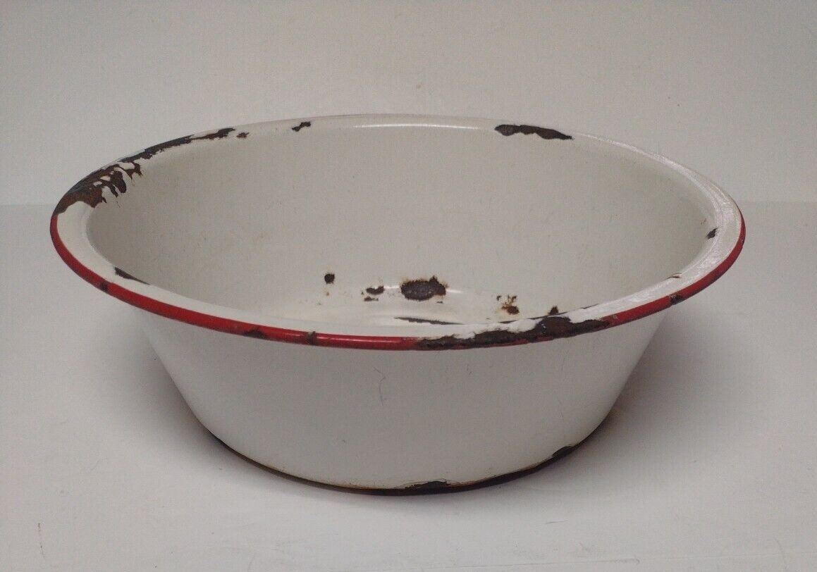 Vintage White Enamelware Basin Bowl with Red Trim Rim Wash Pan 10” Diameter