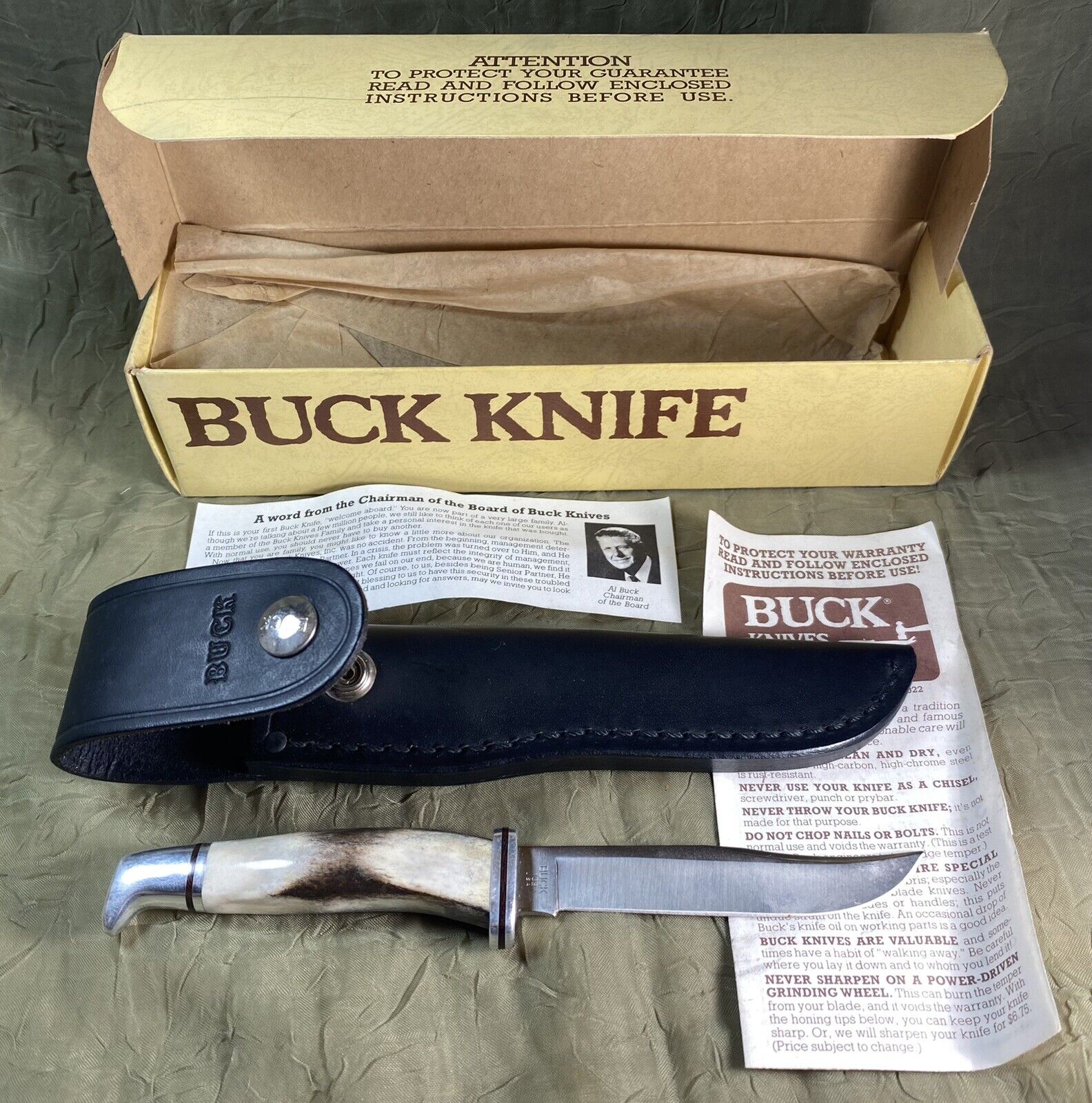Vintage 1988 Buck Knife 102 Stag Handle Fixed Blade 4” & Sheath NIB w Inserts