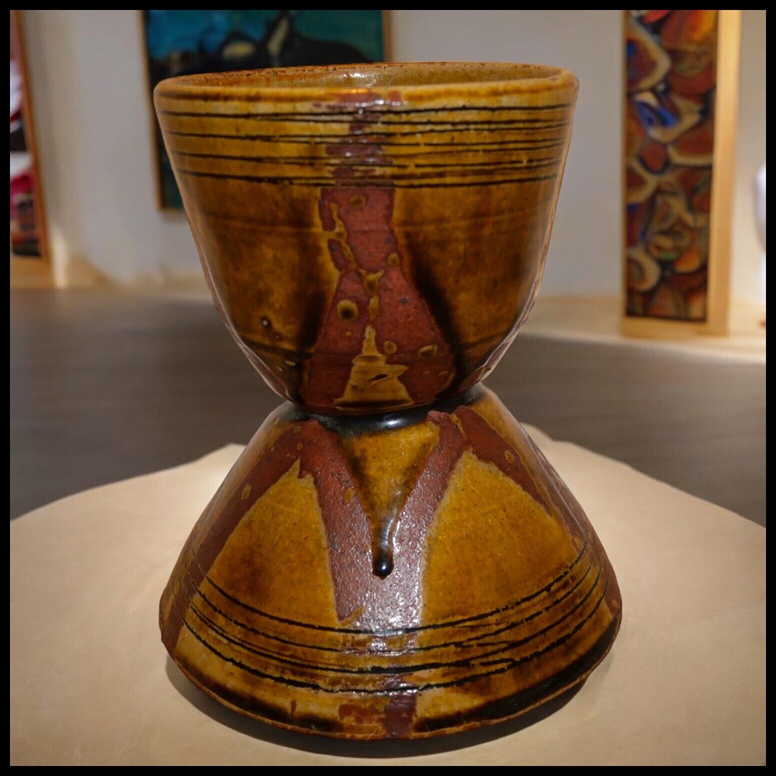 Vintage Circa 1970 Japanese Modernist Pottery Glazed Clay Hourglass Form Vase