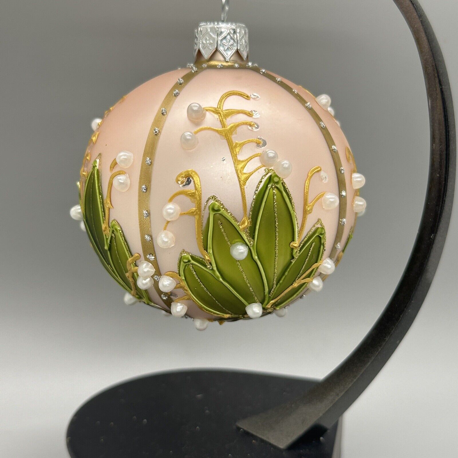 Vintage Hand Painted Pink Christmas Ornament, Vintage w/ Pearls