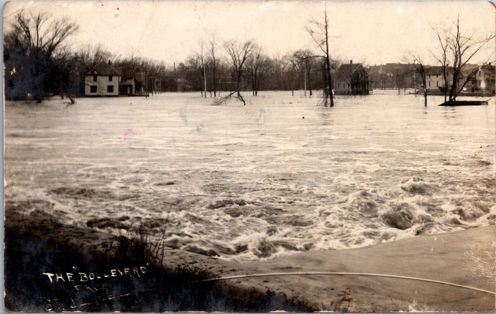 Real Photo Postcard Flooding The Boulevard from St. Joseph River