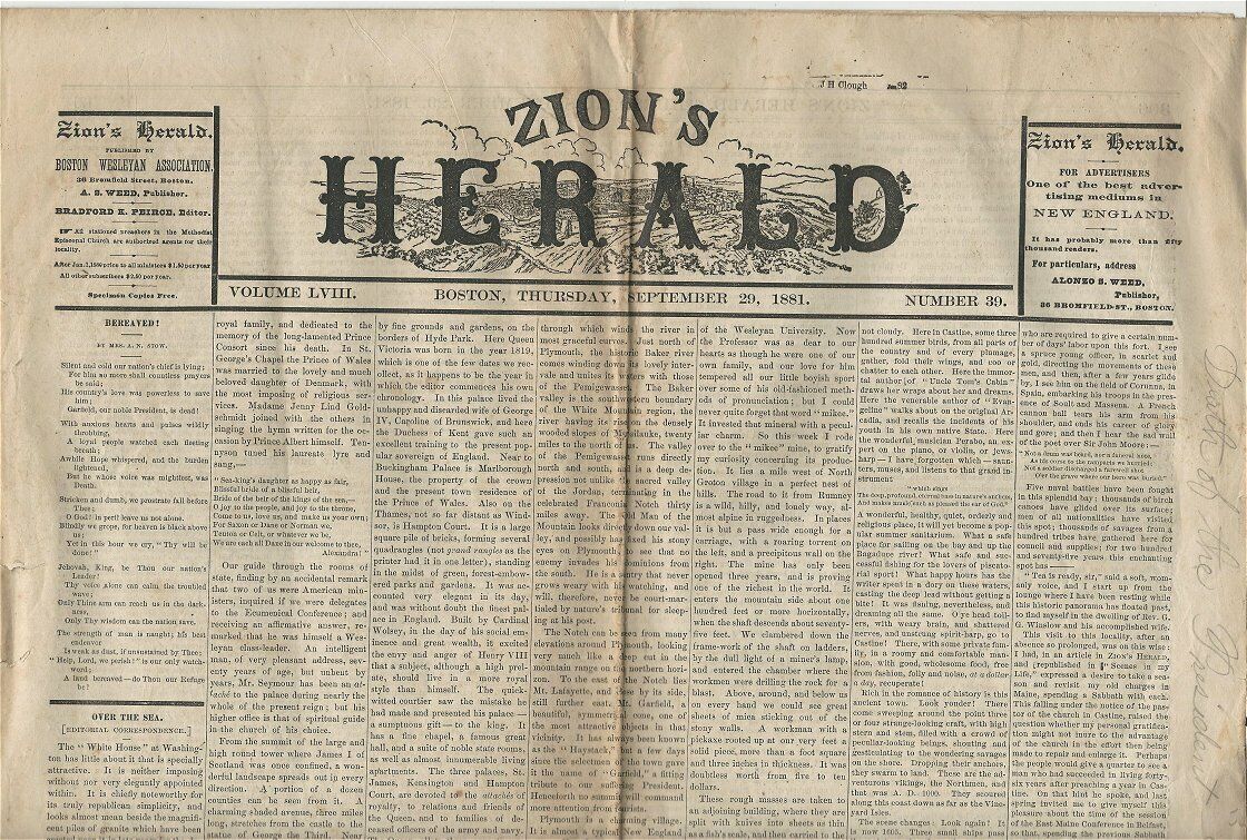 Sept 29, 1881 Zion's Herald Boston Newspaper - Good Condition