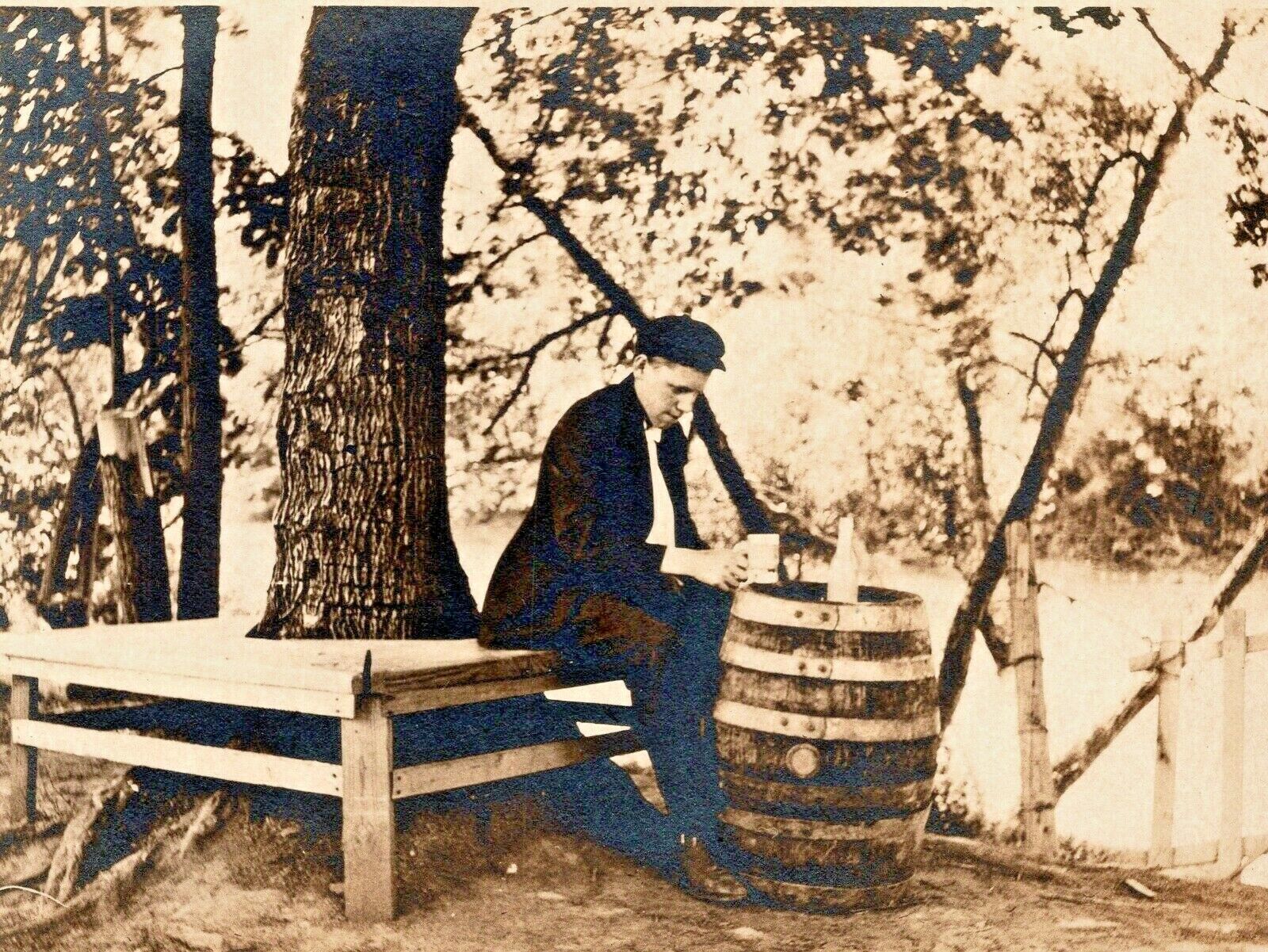C.1920s RPPC. Lonely Picnic. Drunk Man. Wooden Keg Barrel Liquor. Vintage Card