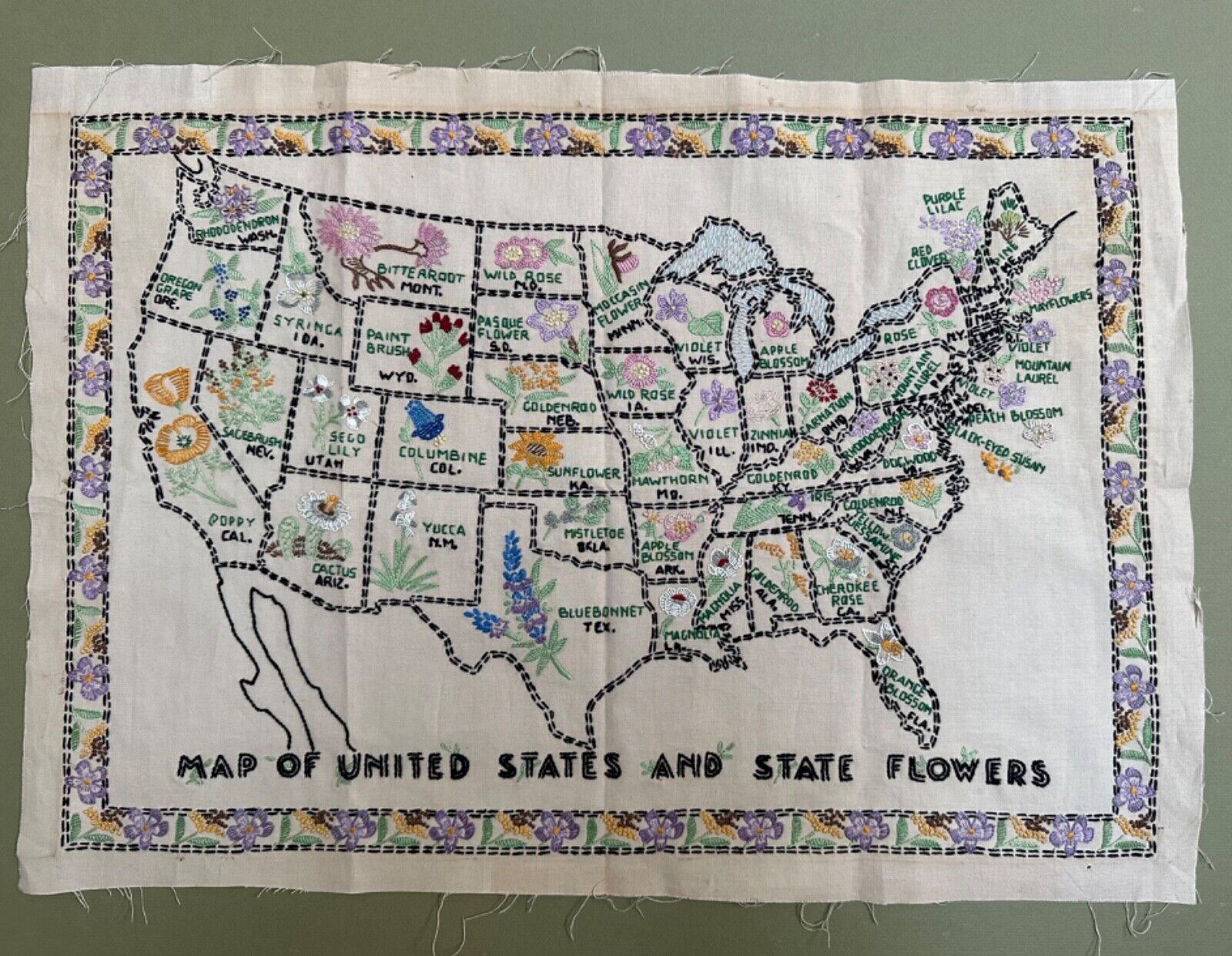 Needle Point Sampler Embroidered Map of United States & State Flowers Vintage