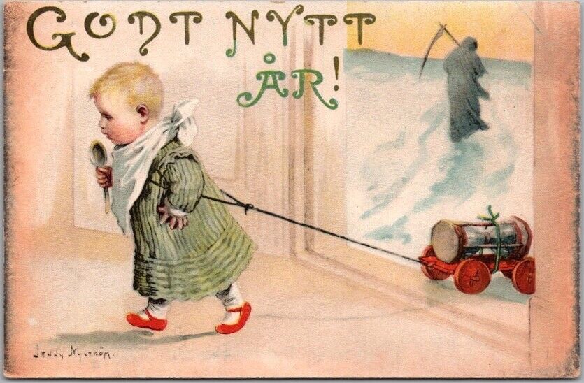 c1910s Swedish HAPPY NEW YEAR Postcard Baby New Year / Yule Log Artist NYSTROM