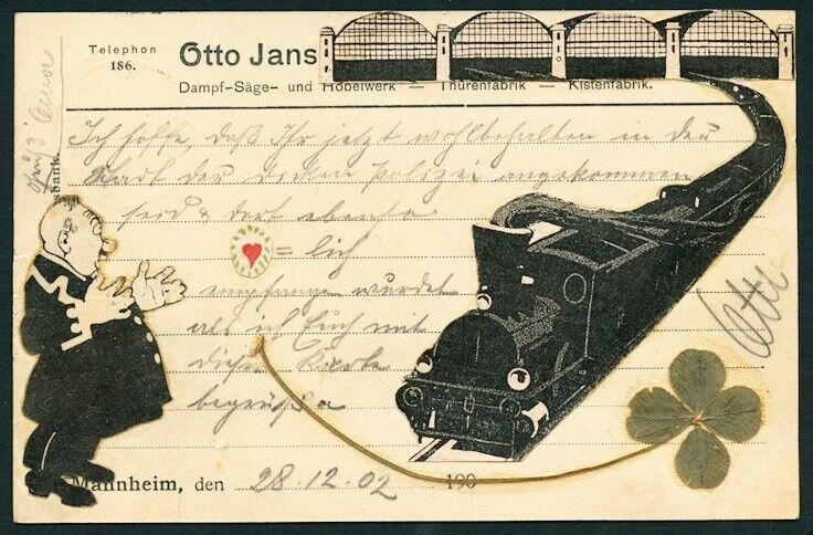 German 1902 Original Hand Made COLLAGE Train + Four LEAF Clover On Ad Card LITHO