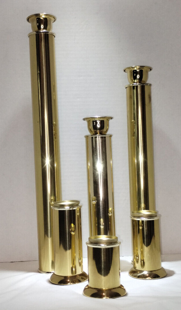 Vintage MCM Art Deco Graduated Weighted Brass Candleholders, 6-Piece Set