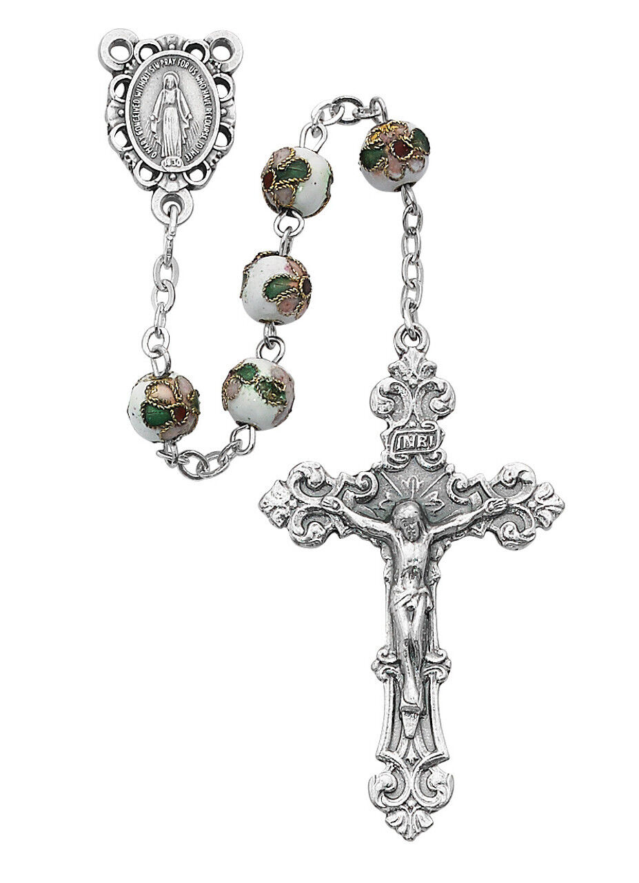 White Cloisonne Bead Rosary Silver OX Jesus Center And INRI Crucifix 7mm Beads