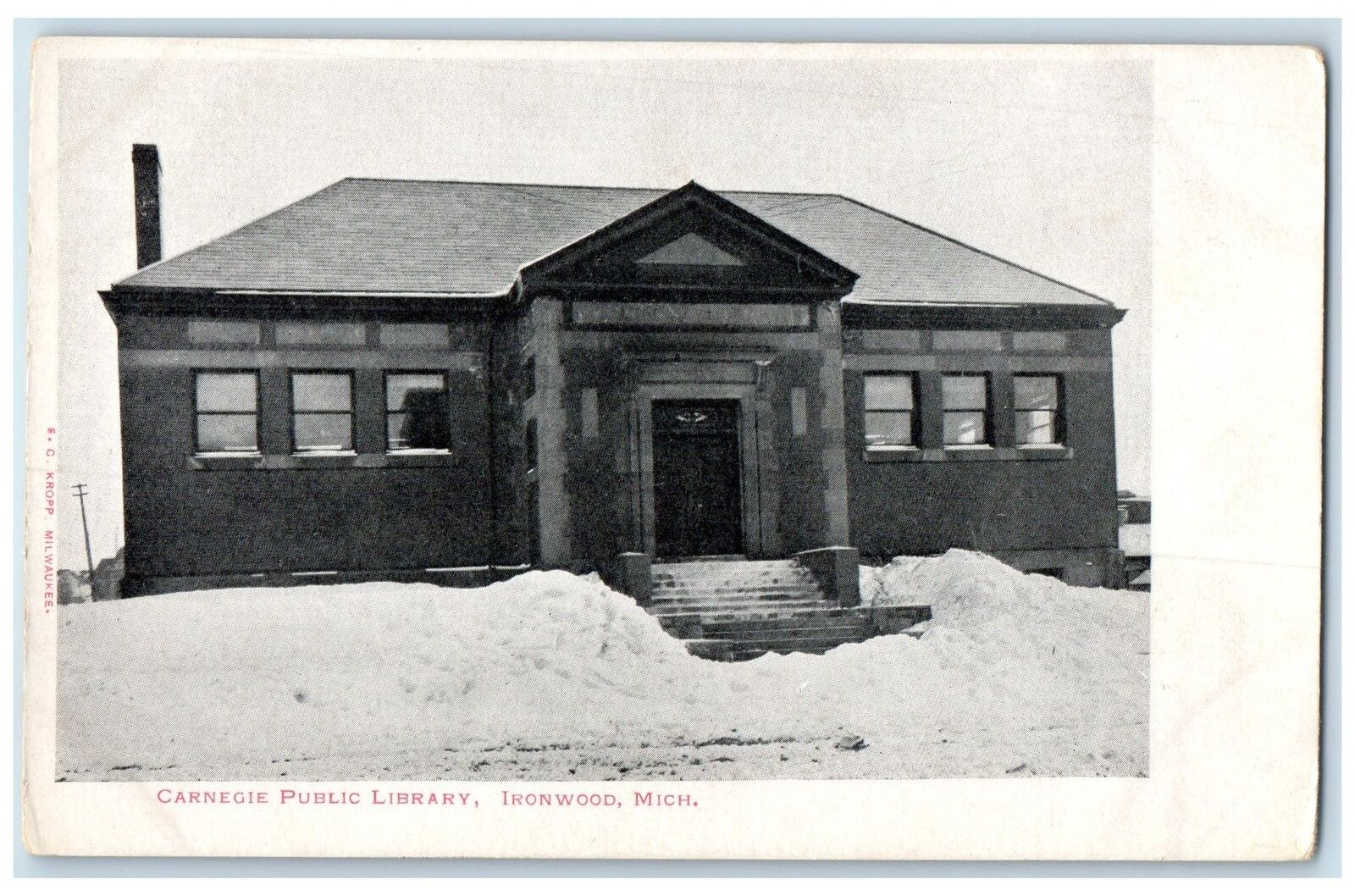 c1905 Carnegie Public Library Winter Smokestacks Ironwood Michigan MI Postcard