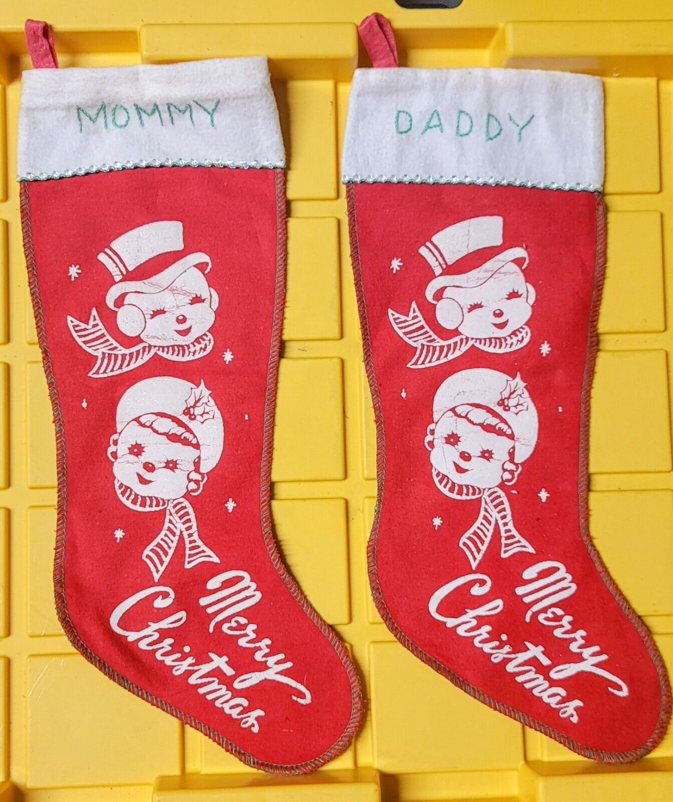  2 Vintage (1950s, 1960s) Felt Stenciled Christmas Stockings - Mommy Daddy