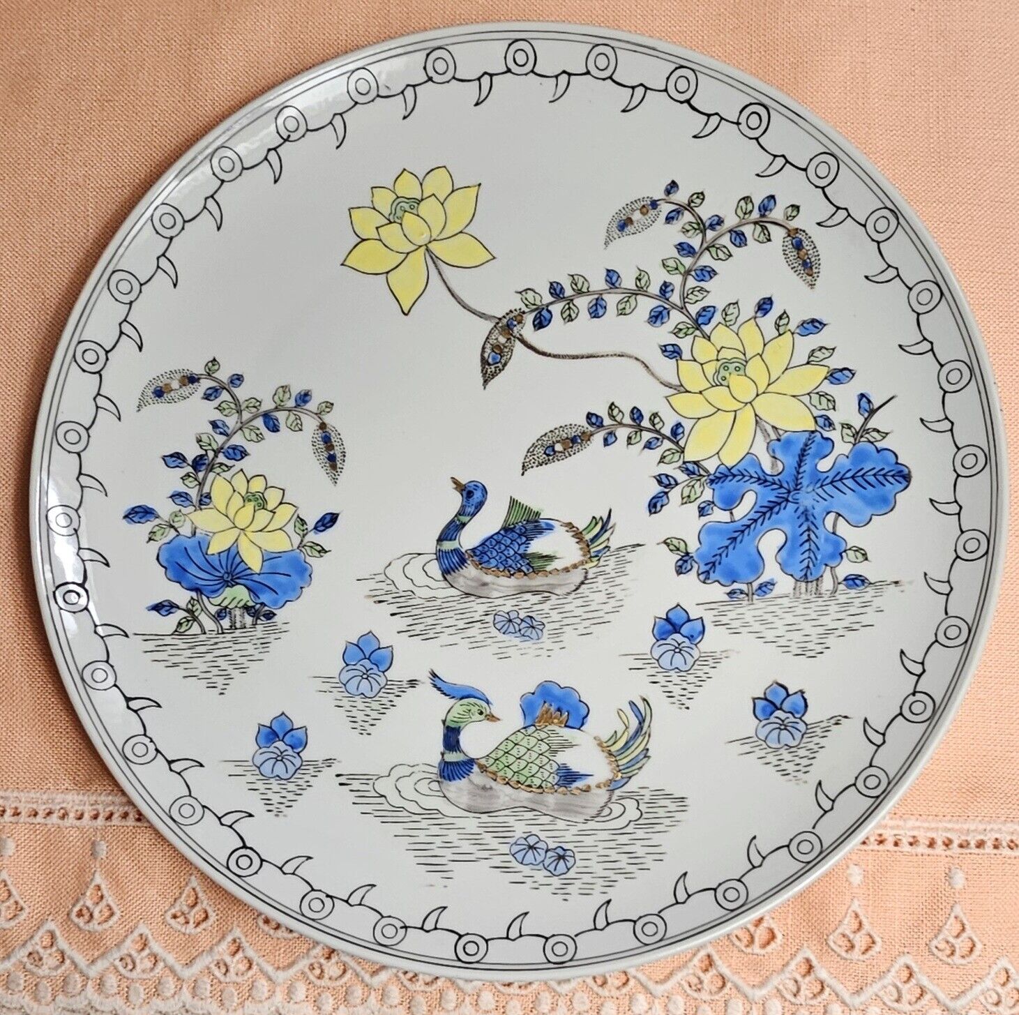 Vintage Plate Chinese Ducks Flowers Hand Painted Porcelain 