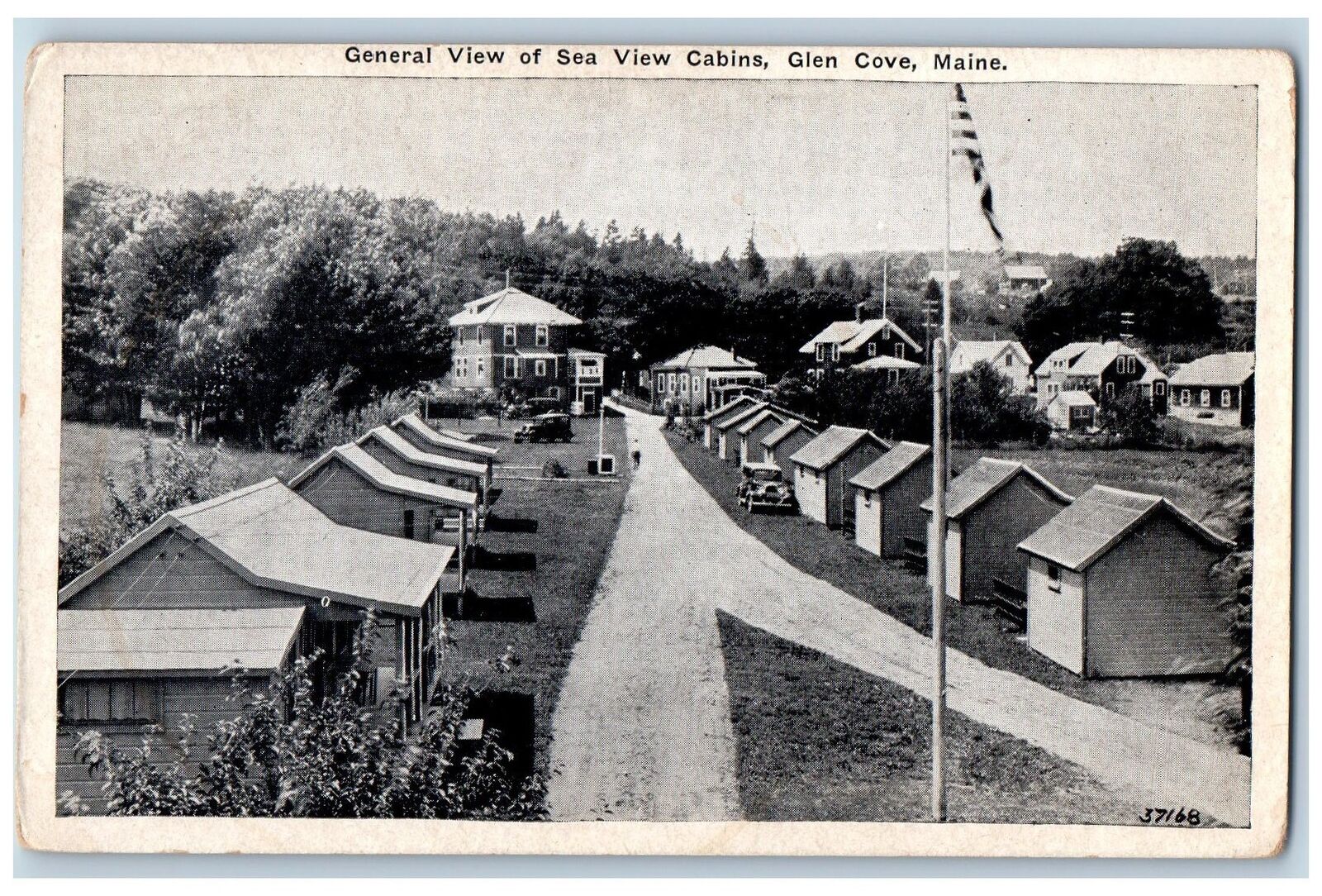 c1920's General View Of Sea View Cabins Dirt Road Flag Glen Cove Maine Postcard