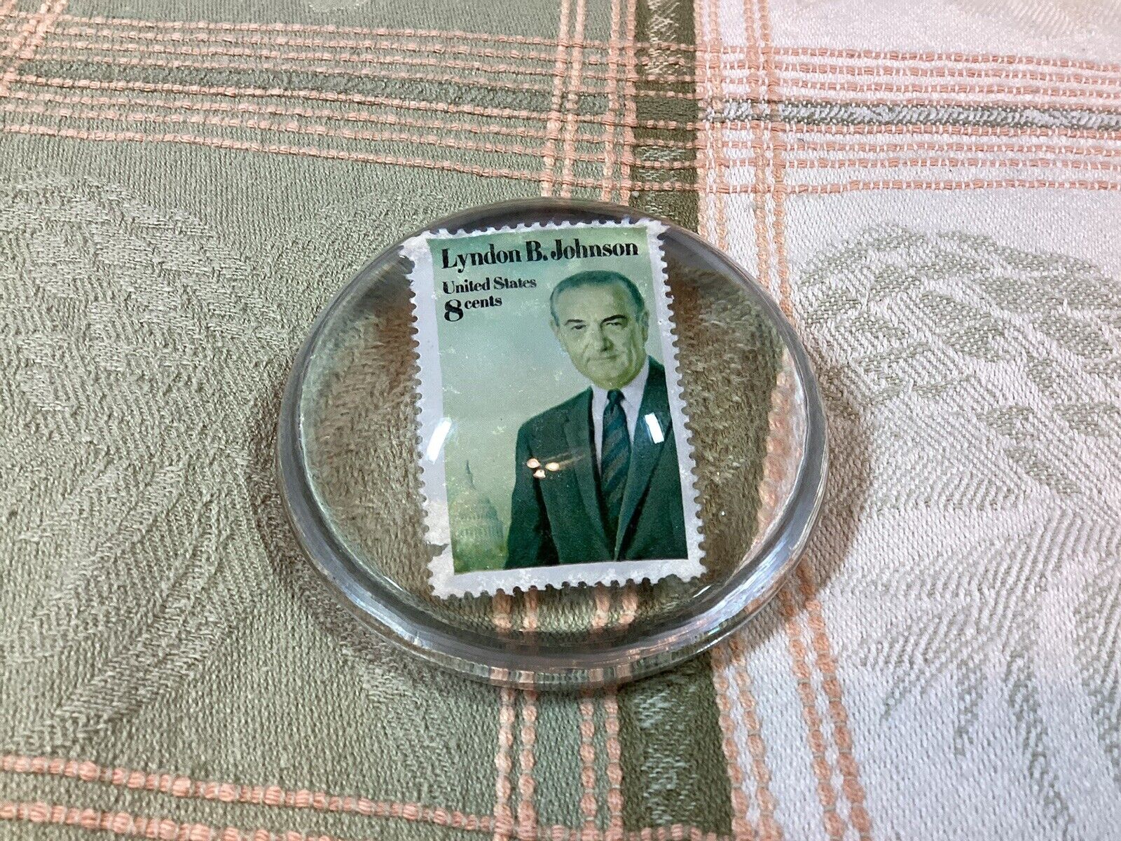 Lyndon B Johnson Glass Paperweight with 8 Cent Stamp