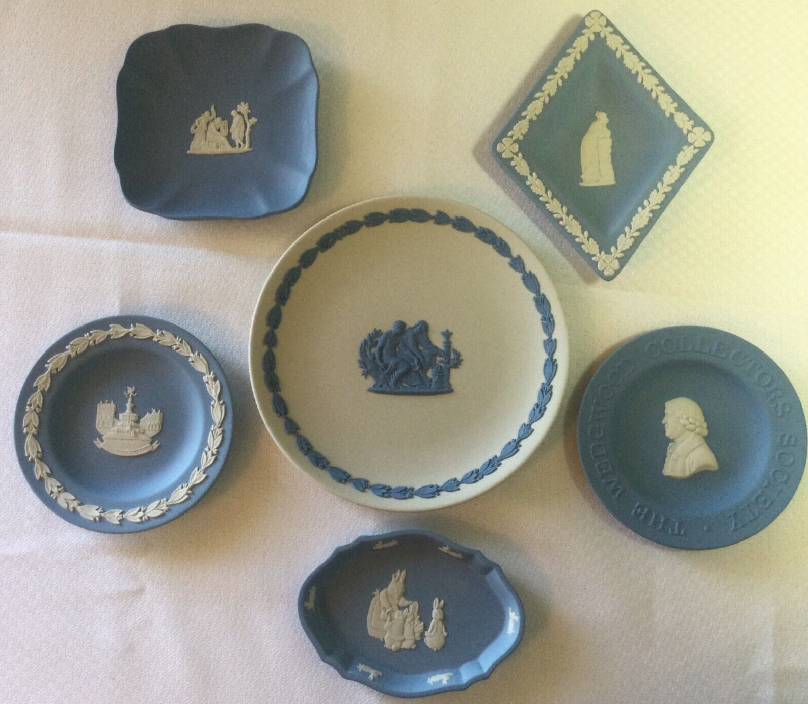 Vintage WEDGWOOD 6 Pc. Lot, Peter Rabbit, Collectors Society, Blue on White, etc