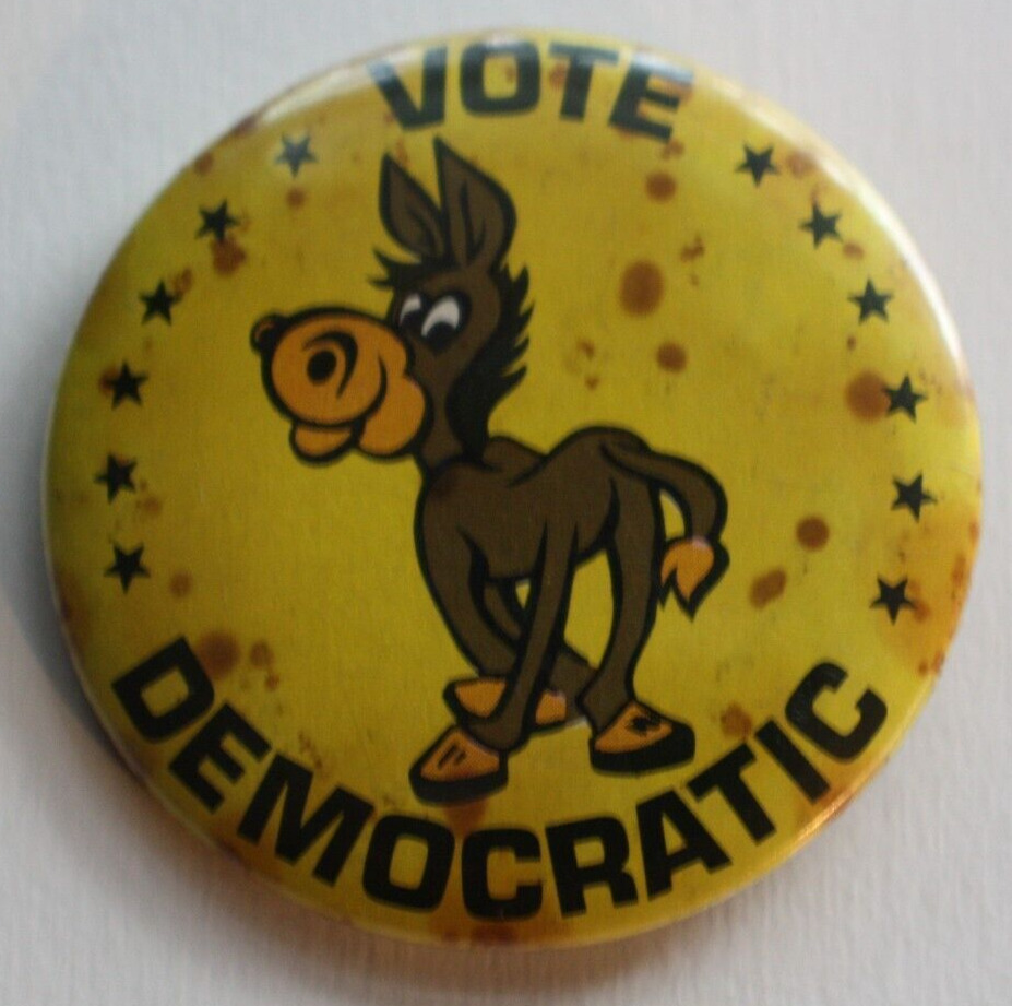 Vintage Vote Democratic Pinback Button Donkey Yellow Background Pin 2.25
