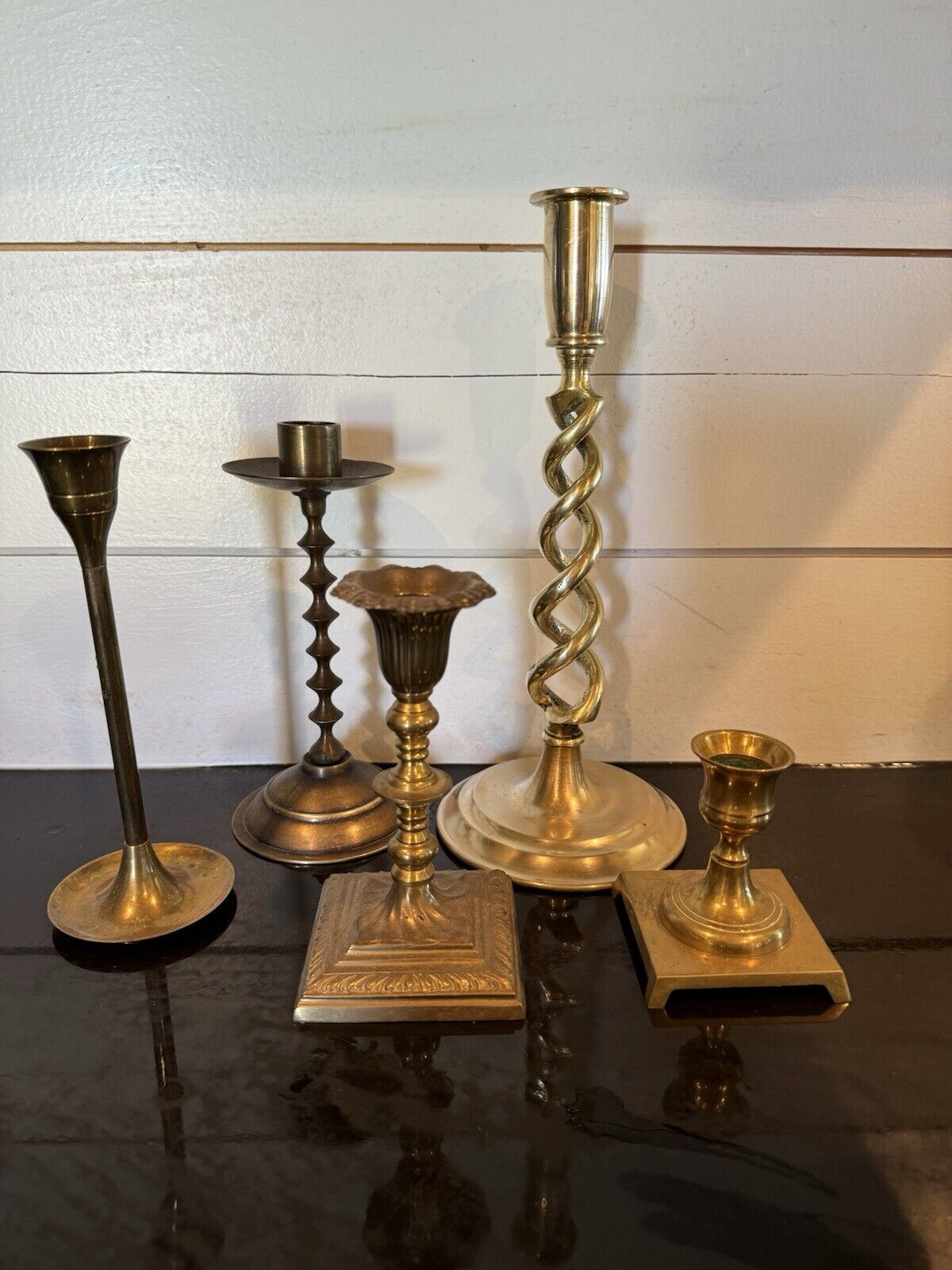 Vintage Assorted Brass Candlesticks EUC Set of 5 Boho Wedding Décor