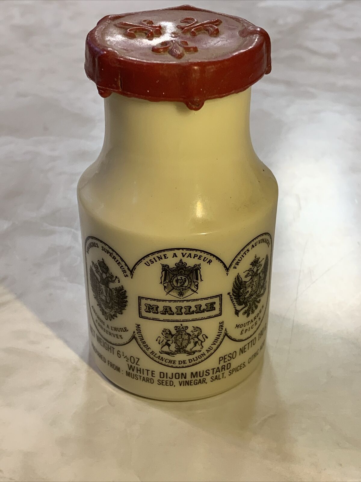 Maille White Dijon Vintage Ivory Printed Glass Mustard Jar Made In France VTG