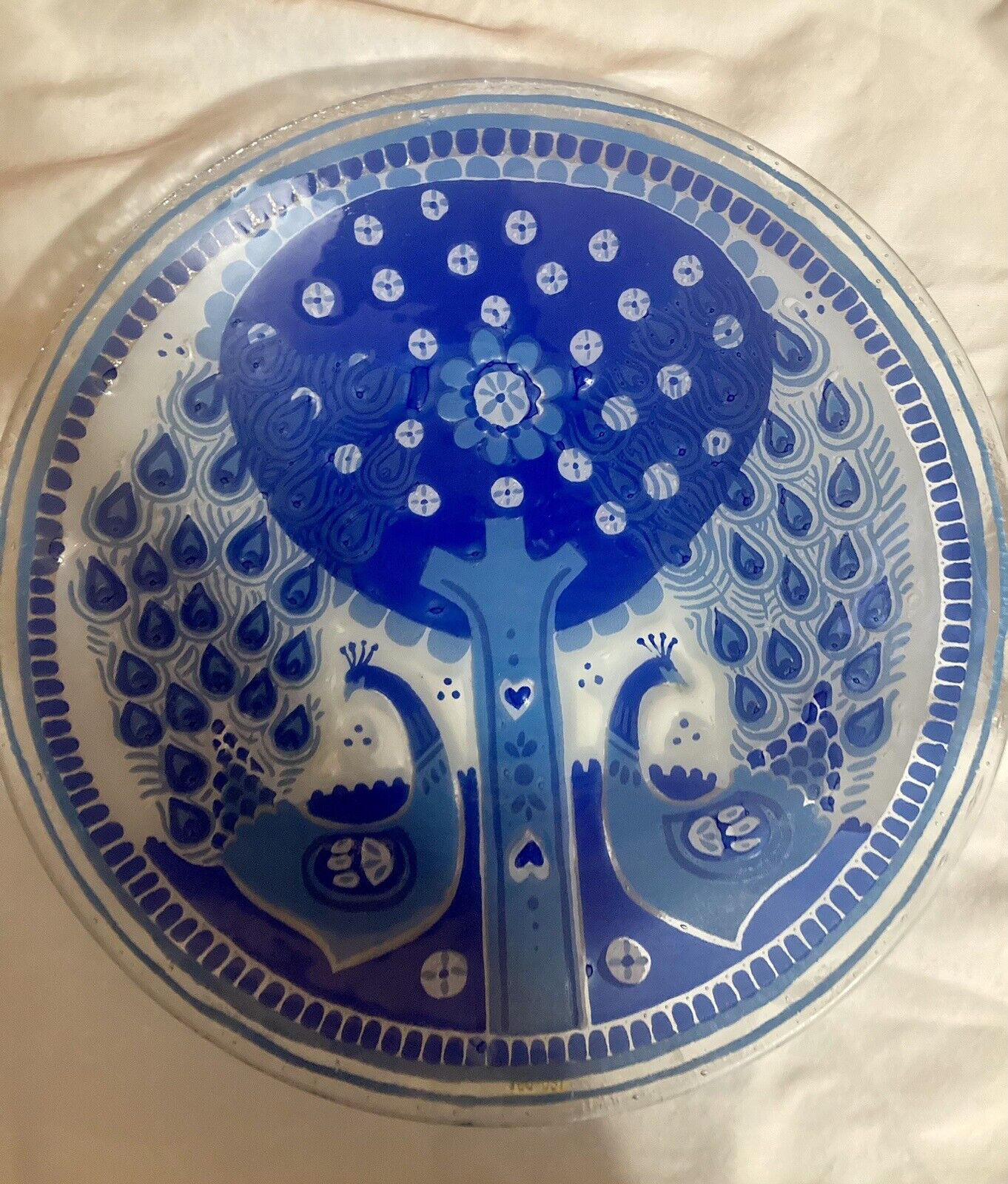 Andreas Meyer Nahariya Fused Art Glass Plate Peacocks Tree Textured Blue Israel