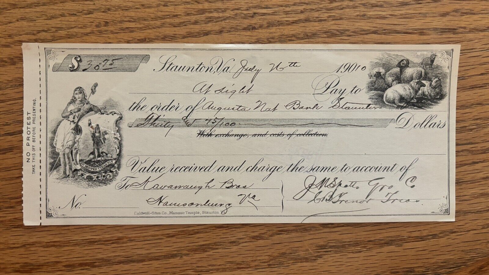 Virginia Bank Check to Augusta National Bank of Staunton 1901