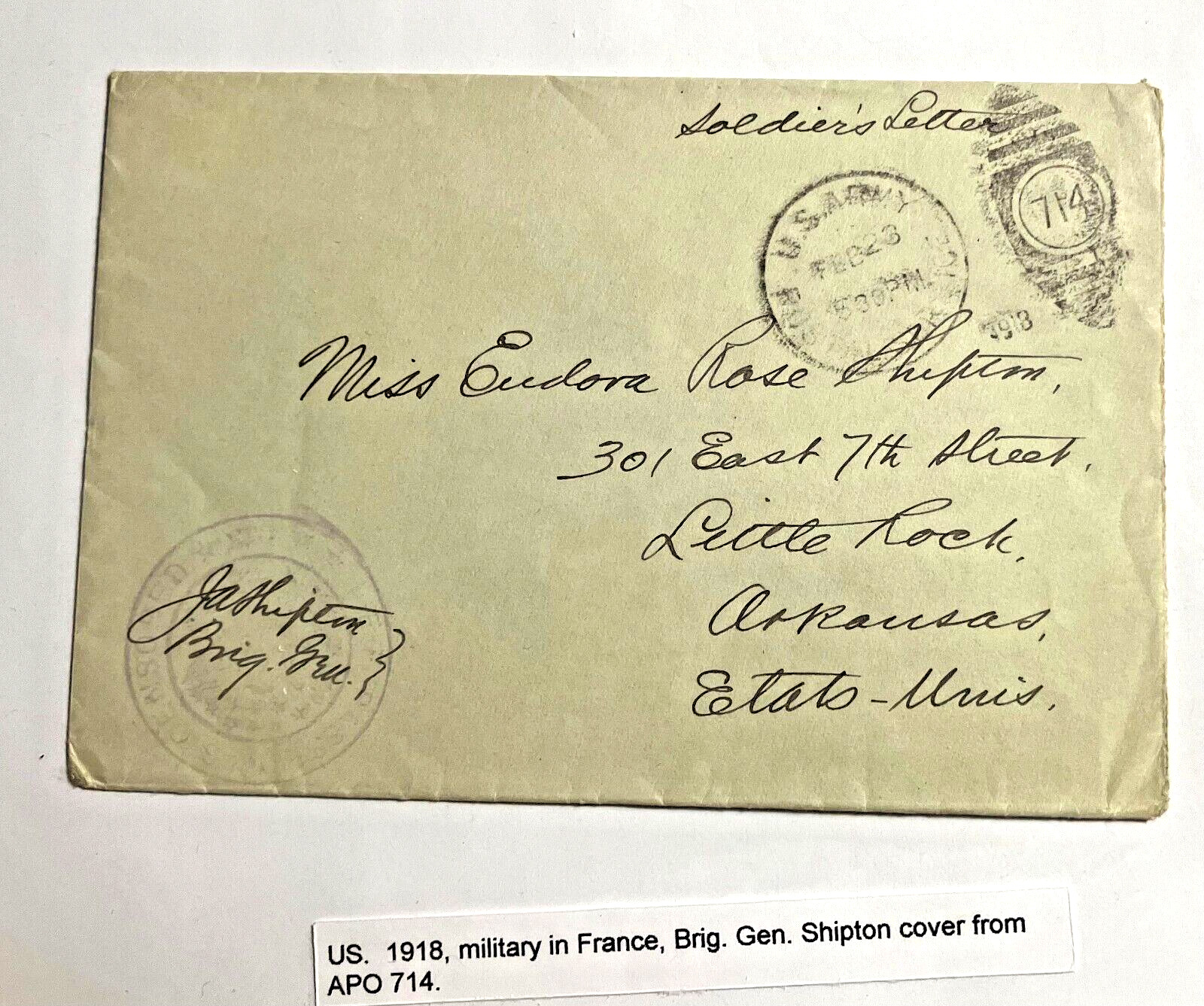 WW1 Postal Cover Autograph General James Shipton