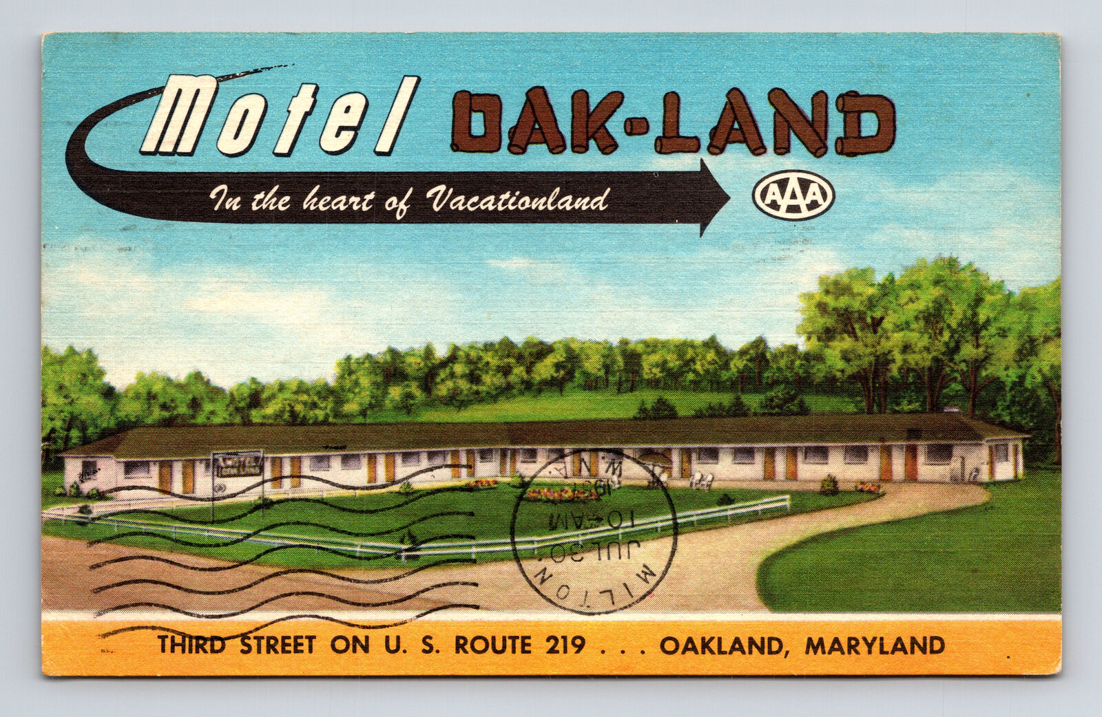 c1957 Motel Oak-Land Oakland Maryland MD Roadside America Postcard