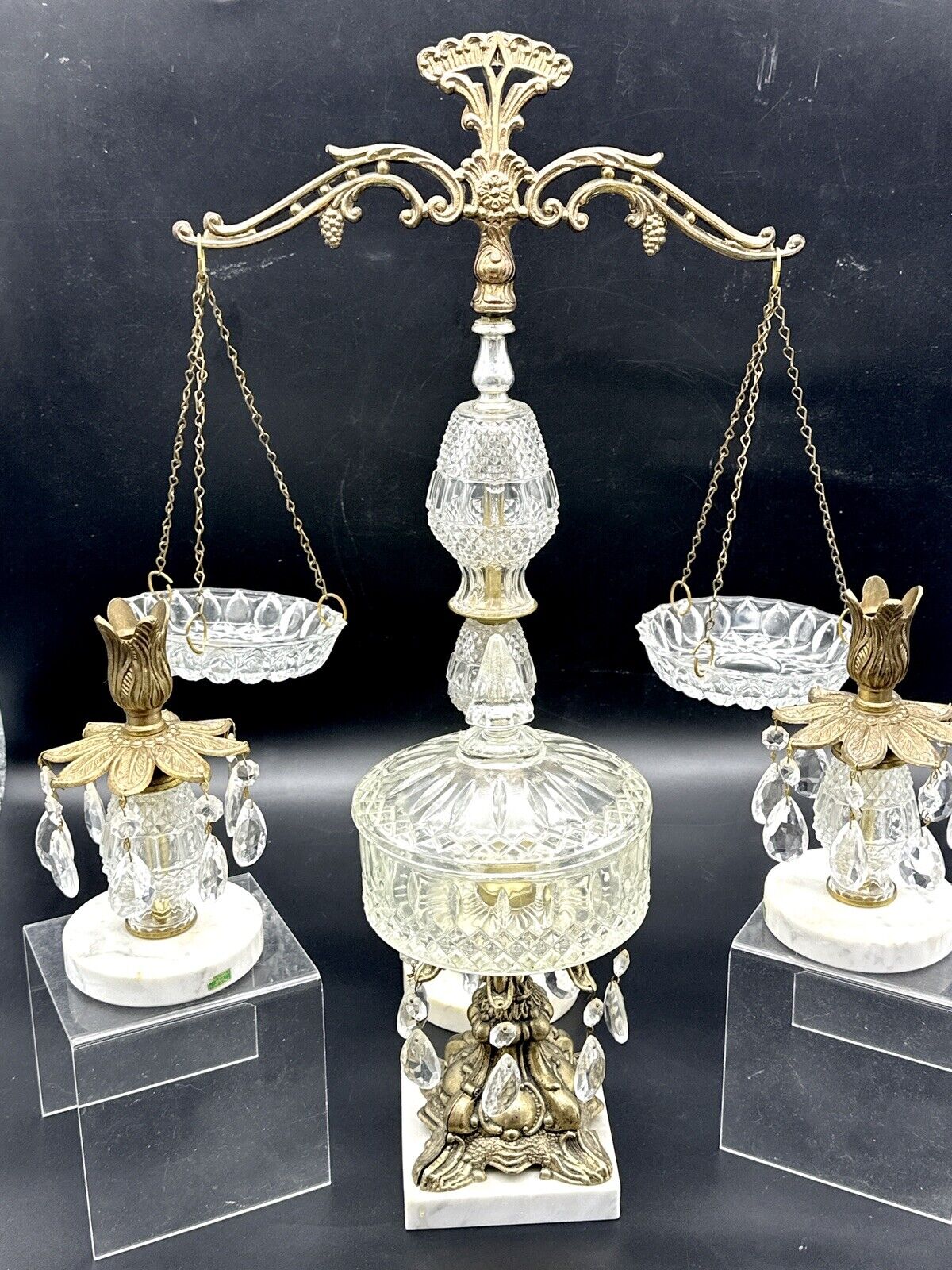Vintage Oberglas Austria Crystal Bowl Compote Teardrop Marble Base Prisms Scales