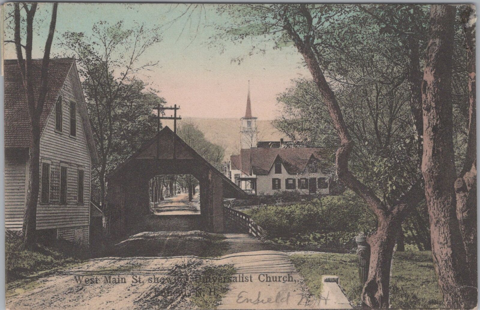 West Main St. showing Universalist Church, Enfield New Hampshire 1942 Postcard
