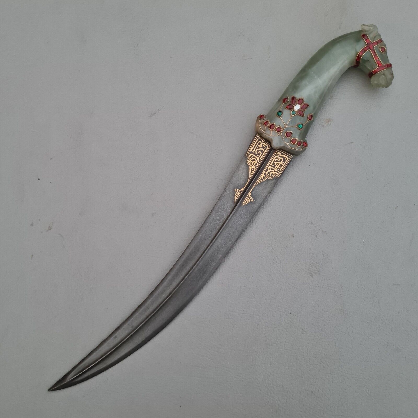 VTG Indo Turkish Ottoman Jadeite Horse Wootz Blade Gem Setted Khanjar Dagger