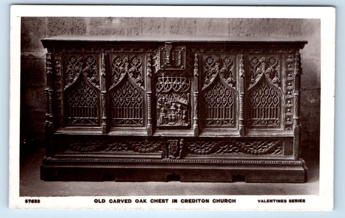 RPPC Old Carved Oak Chest in CREDITON Church ENGLAND UK Postcard