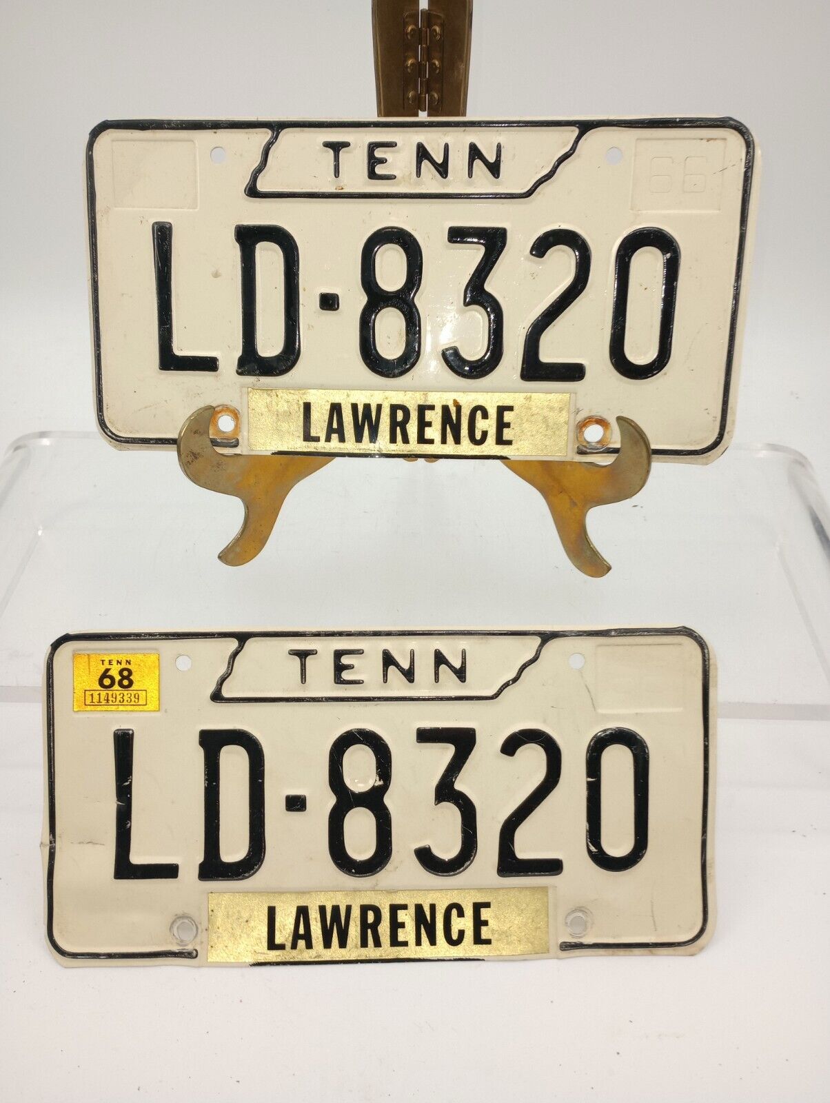 Vintage Pair Tennessee 1966 LAWRENCE COUNTY License Plate 1968 Wheel Tax Stamp