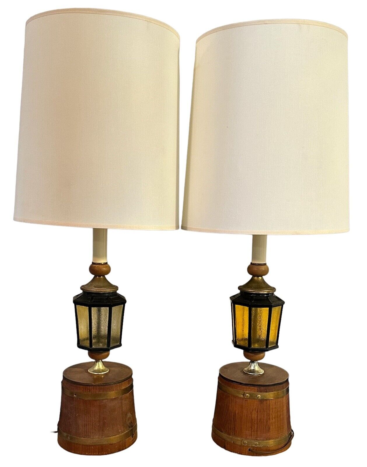 RARE Pair of Vintage 1960s Wood & Amber Color Glass Lamps - Carriage House