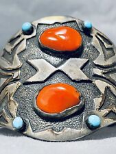 CHUNKY DUNKY CORAL HUGE VINTAGE NAVAJO TURQUOISE STERLING SILVER BRACELET picture