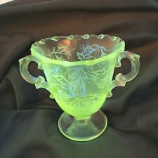 Fostoria USA Heather Etched Sugar Bowl With Handles Clear Manganese 365nm Green picture