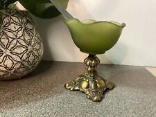 MCM Olive Green Frosted Glass Candy Dish with Brass Pedestal picture