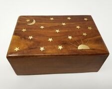 Celestial Stars Sun & Moon Brass Inlay Wooden 4x6 Jewelry Cards Trinket Box picture