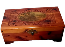 Wooden Cedar Box with Mirror, Etched and Decoupage Top and Footed Vintage picture