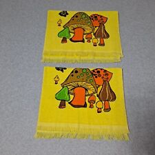 Vintage Merry Mushroom Hand Towels Yellow Retro Soft 60s 70s USA Fringe Set x 2 picture