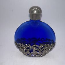 Antique Art Nouveau Metal Cobalt Blue Glass Perfume Bottle With Metal Cap picture