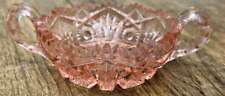 Vintage Glass Collectible Pink Clear Cut Etched Sawtooth Double Handled Bowl picture