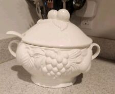 Vintage Soup Tureen Lid Ladle White Embossed Fruit Japan Over and Back 3 quart picture