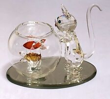 Vintage SCHAFER Swarovski Crystal Blue eyed Cat Kitten w/Fishbowl Figurine & Box picture
