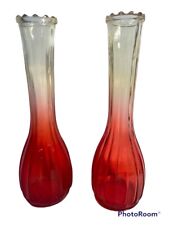 Vintage PAIR TWO Jeannette Red Amberina Glass Tall Bud Vase Glass 8.5” picture
