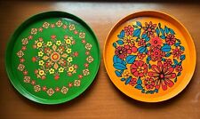 Vtg Round Metal Tray Flower Power MOD Retro 60s Lot Of 2 Action Brazil 11” Trays picture