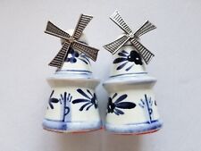 Vintage Delft Cobalt Blue & White Windmill Salt & Pepper Shakers - Metal Accents picture