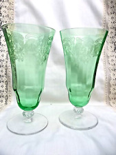 2 PC URANIUM GREEN FLORAL ETCHED  ICED TEAS  PARFAIT GLASSES  12 OZ picture