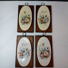 Vtg MC Wooden & Oval Tiles Set Of 4 Wall Decor Handpainted Flowers 1960's MINT  picture